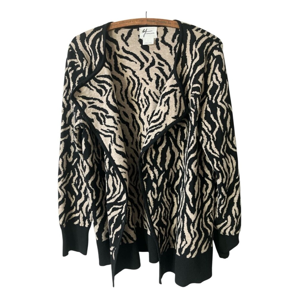 Andrea Jovine Zebra Print Cardigan Size L Animal Print Open Front Office Casual